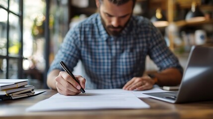 Obraz premium lawyer write drafts a legal document at a desk with stationery and a laptop in a casual law firm office atmosphere : Generative AI