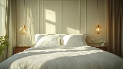 Stylish bedroom with an empty king sized bed and pendant light fixtures natural sun light from the window Kingsize bed with puffy pillows Close up copy space background : Generative AI