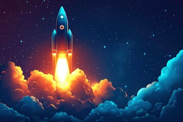 Fototapeta premium Rocket Launching Through Clouds Against a Starry Night Sky