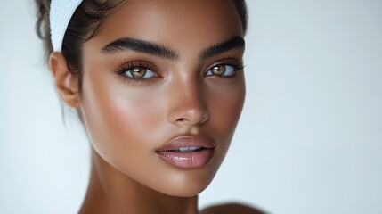 Perfect skin closeup on a white background with emphasis on smooth, clear complexion