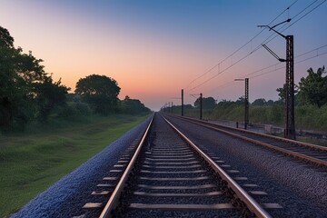 Fototapeta premium Serene Railway Line in Evening Light for Peaceful Travel and Exploration