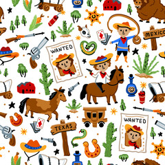 Naklejka premium Bright cheerful children seamless vector pattern with American western cowboy from wild west rural Landscape. Childish background. Wild West. Texas. Cheerful characters with animals and plants.