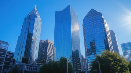 Naklejka premium Modern skyscrapers in a city skyline, showcasing sleek glass facades and high-rise architecture against a clear blue sky.
