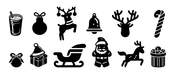 Christmas decoration silhouette vector black filled illustration icon set, Isolated white background.