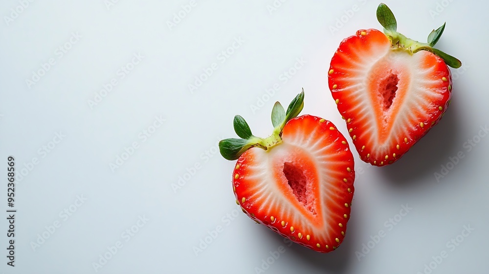 Poster fresh red strawberries with half slice isolated on white background top view flat lay : generative a