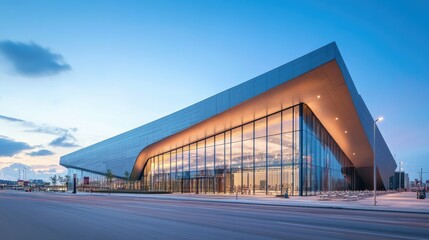 Obraz premium Sleek modern convention center with a dynamic exterior design and expansive interior space for events
