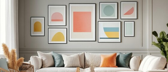 A living room with a white couch and a green pillow