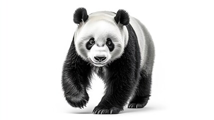 Obraz premium adult giant panda Ailuropoda melanoleuca is a bear species endemic to China black and white colors isolated cutout on white background walking towards camera : Generative AI