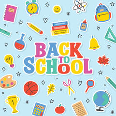 Back to school card with cartoon icons. Vector illustration