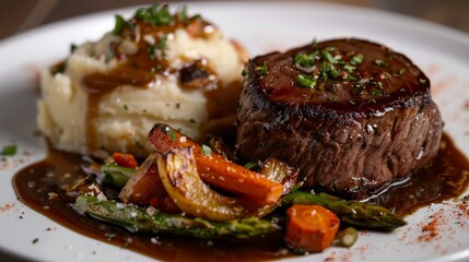 A close up of juicy meat with creamy mashed potatoes and colorful roasted vegetables on a plate