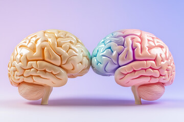Sculpture of two brains, one male and the other female, facing each other with their heads touching together, with different colors on top of their heads 