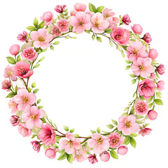 Fototapeta premium round floral frame with pink flowers white background