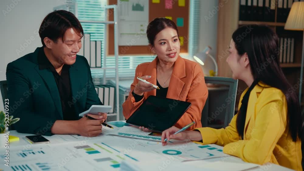 Aufkleber asian accountant reviews financial documents at her desk, using a calculator and taking notes in a n