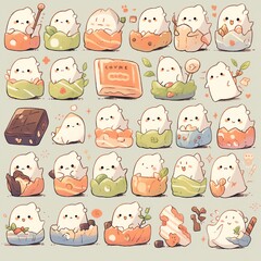 A cute collection of ghost characters enjoying various treats and snacks, perfect for whimsical designs and playful themes.
