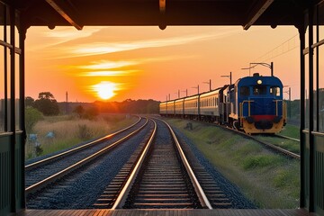 Fototapeta premium Stunning Railway Landscape Highlighted by Colorful Sunset for Travel Adventures