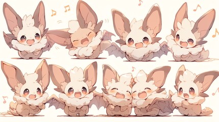Obraz premium A cute and whimsical cartoon character with big ears and fluffy fur, showcasing various joyful expressions in a playful design.