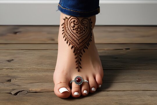 Unique Toe Ring Mockup Featuring Woman's Foot with Henna Design and Stylish Fashion Accessories