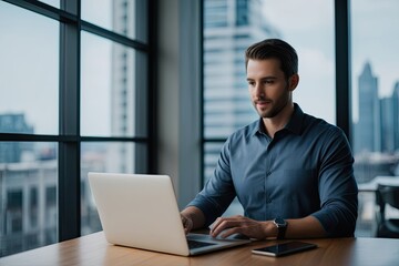 Fototapeta premium Businessman in Casual Attire Working Alone on Laptop