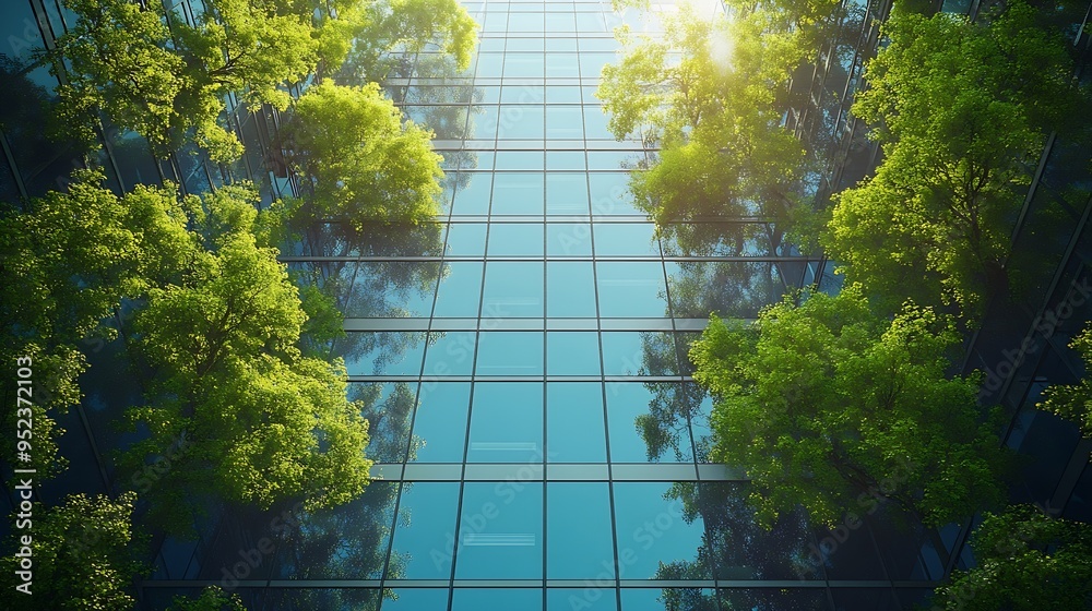 Poster sustainable glass office building with trees for reducing carbon dioxide ecofriendly building in mod