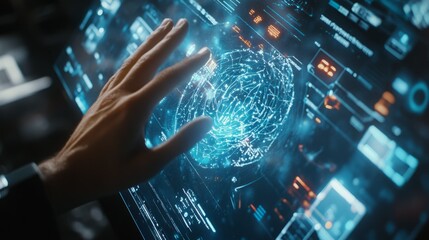 Hand interacting with a futuristic interface.