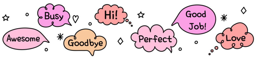 Hand drawn speech bubble box set with short text message. Doodle style icons. Vector illustration