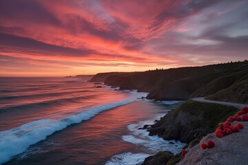 Breathtaking Sunset Adventure along Raspberry Coastline with Waves and Shimmering Reflections