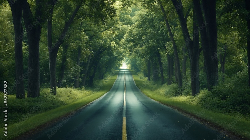 Aufkleber turn on the empty road through the green trees : generative ai