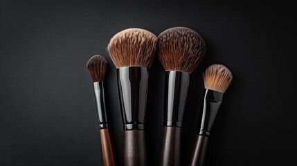 Various professional makeup brushes isolated on black background Cosmetics concept with copy space