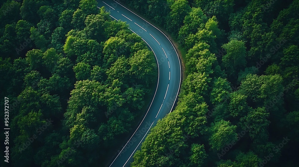 Poster aerial view of a road in the middle of the forest top view of asphalt road through forest with car a