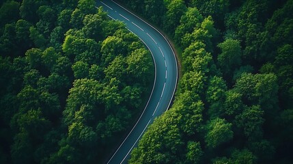 Fototapeta premium Aerial view of a road in the middle of the forest Top view of asphalt road through forest with car adventure Healthy environment road trip travel : Generative AI