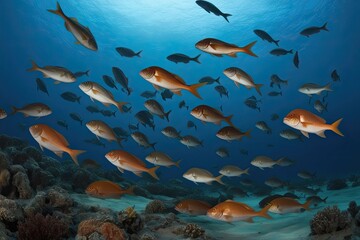Fototapeta premium Underwater Ecosystem Dynamics and Collective Movements of Fish in Shadows