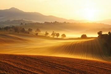 Obraz premium Golden Sunrise Over Rolling Hills and Foggy Fields