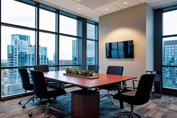 Fototapeta premium Contemporary Office Layout with Large Windows Ergonomic Desk Configuration and Personalized Design Options