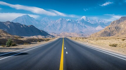 Naklejka premium Empty perfect highway road in the Hajar Mountains landscape the North Emirates UAE : Generative AI