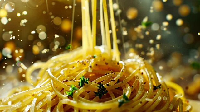A plate of spaghetti with a lot of sauce on it. The sauce is yellow and it looks like it's dripping off the noodles