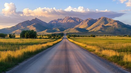 Picturesque asphalt road panorama with mountains and green fields trees summer highway in Kazakhstan sunset golden hour warm colors blue sky : Generative AI