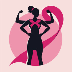 Obraz premium A silhouette of a strong woman standing tall with the pink ribbon prominently featured, symbolizing resilience