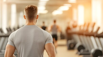A fit man prepares for a workout in a bright gym, focused on his fitness goals among exercise equipment and motivational energy.