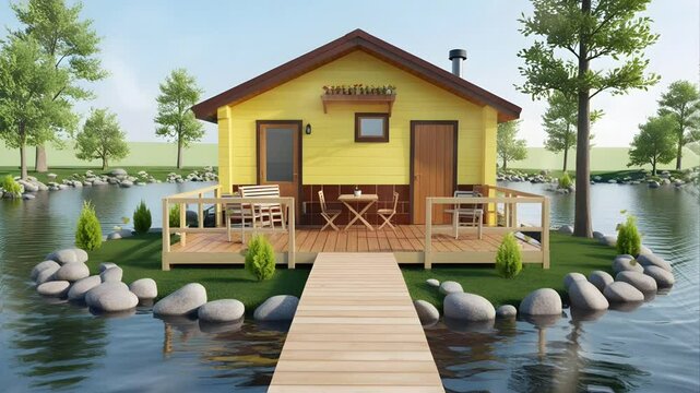 A simple and aesthetic minimalist wooden house in the middle of the lake. Seamless 4K looping timelapse video animation background