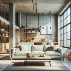 A modern living room featuring minimalist design with concrete walls
