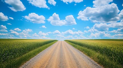 Obraz premium Country gravel road and green wheat fields with sky clouds natural landscape under blue sky : Generative AI
