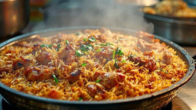 Delicious chicken biryani being cooked in a traditional pot over a flame in an Indian kitchen at sunset