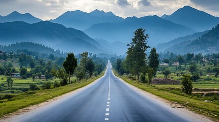 Naklejka premium The road to the village with mountains and trees on the side as a backdrop : Generative AI