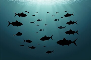 Underwater School of Fish Silhouette Swimming in Circles Marine Life and Ecosystem