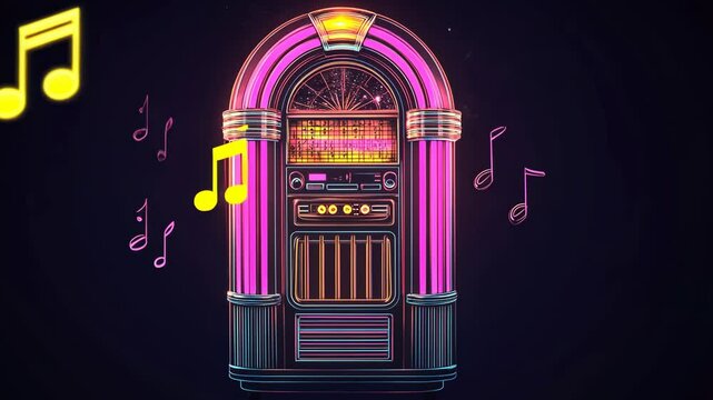 Neon jukebox plays classic hits in a lively retro-themed diner at night