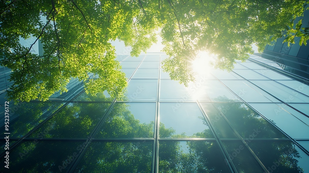 Aufkleber eco architecture green tree and glass office building the harmony of nature and modernity reflection