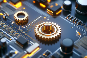 Close-up of gears on a circuit board, with a glowing gold and black color theme