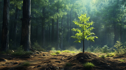 Obraz premium Young sapling growing amidst a clearing, representing new growth in a forest that was once deforested. Older, towering trees in the background
