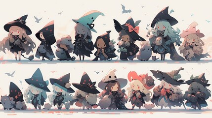 A colorful lineup of whimsical witches and their companions, celebrating magic and friendship in a playful fantasy setting.