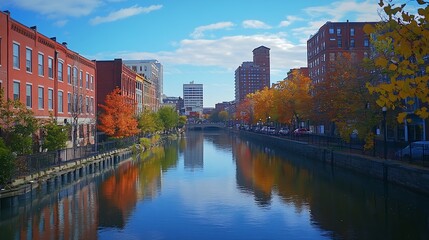 Providence skyline buildings and street landscape in vibrant uplifting colors Rhode Island USA : Generative AI